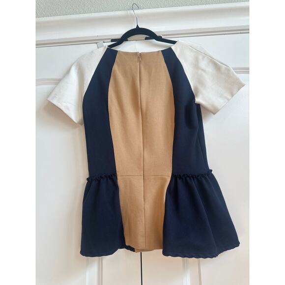 Rebecca Minkoff Navy, White, and Tan Block Style Preppy Peplum Zip Up Blouse - Picture 7 of 7